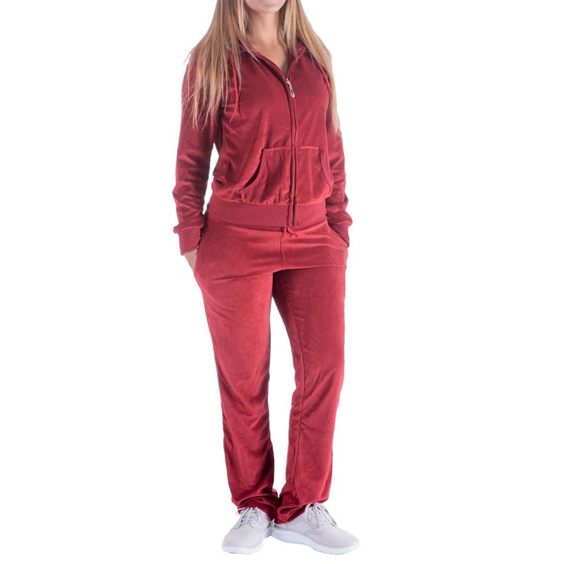 Facitisu Womens Velour Sweatsuit Solid TracksuitSet Hoodie and Pants Casual Zip Up Outfits Set Jogging Suit Small Brick Red - Image 1